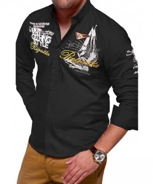 Rash Guards Four Seasons Men's Letter Button Personality Shirt Long Sleeve T-Shirt Blouse Tops - Black - CD1942I8I0A