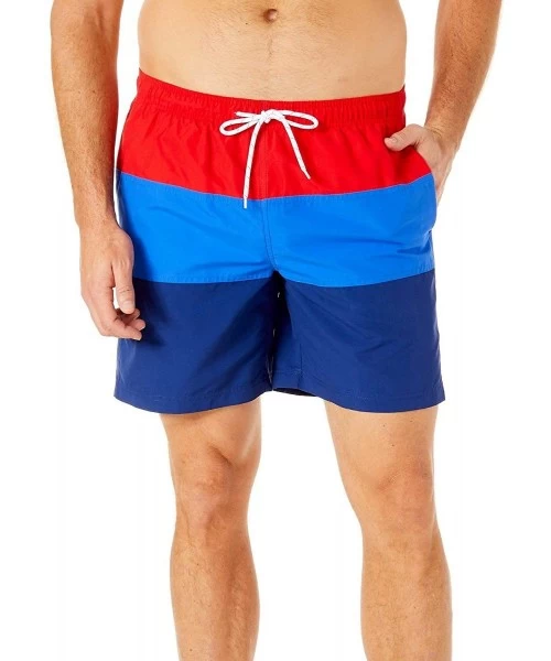 Trunks Mens Stripe Print Swim Trunks - Red/Blue - CC193ZINKM9