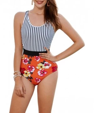 One-Pieces One Piece Swimsuits for Women High Waisted Bathing Suit Monokini Floral Print Cutout Racerback Zip Up Black / Oran...