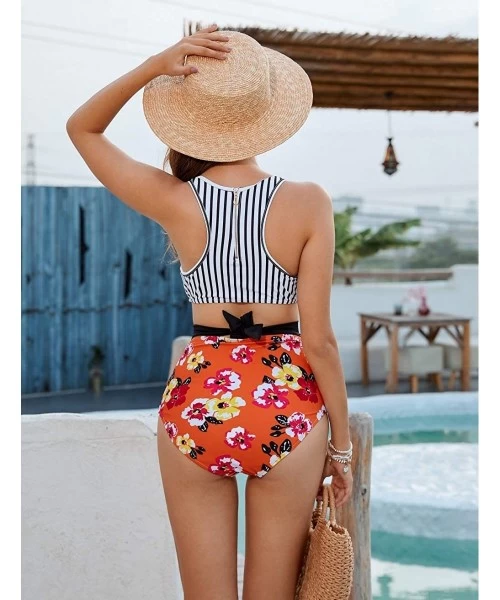 One-Pieces One Piece Swimsuits for Women High Waisted Bathing Suit Monokini Floral Print Cutout Racerback Zip Up Black / Oran...