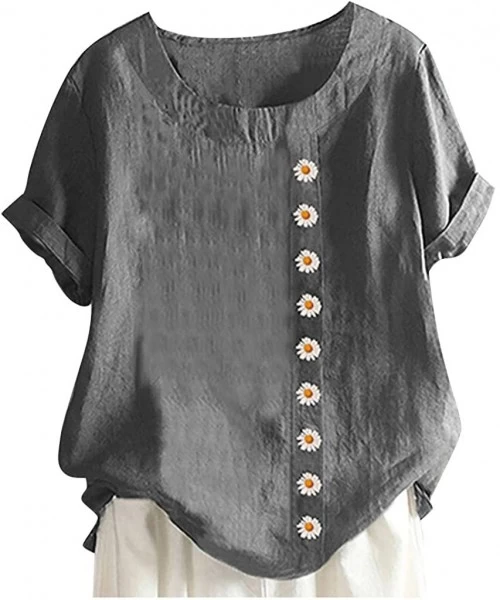 Tops Short Sleeve Tee Blouse for Women-Women Linen Dandelion Print Button Blouses Boat Neck T Shirt Tops - Gray - C0198SG6QG3