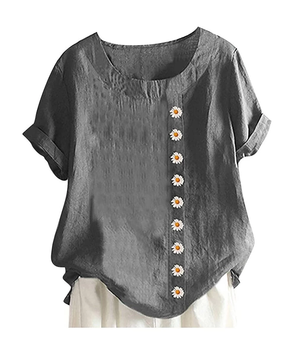 Tops Short Sleeve Tee Blouse for Women-Women Linen Dandelion Print Button Blouses Boat Neck T Shirt Tops - Gray - C0198SG6QG3