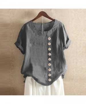 Tops Short Sleeve Tee Blouse for Women-Women Linen Dandelion Print Button Blouses Boat Neck T Shirt Tops - Gray - C0198SG6QG3