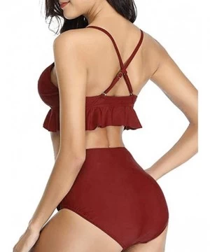 Sets Swimsuit for Women Two Piece Retro Halter Ruched High Waist Print Bikini Set Swimwear Beach Bathing Suits Y f Wine Red -...