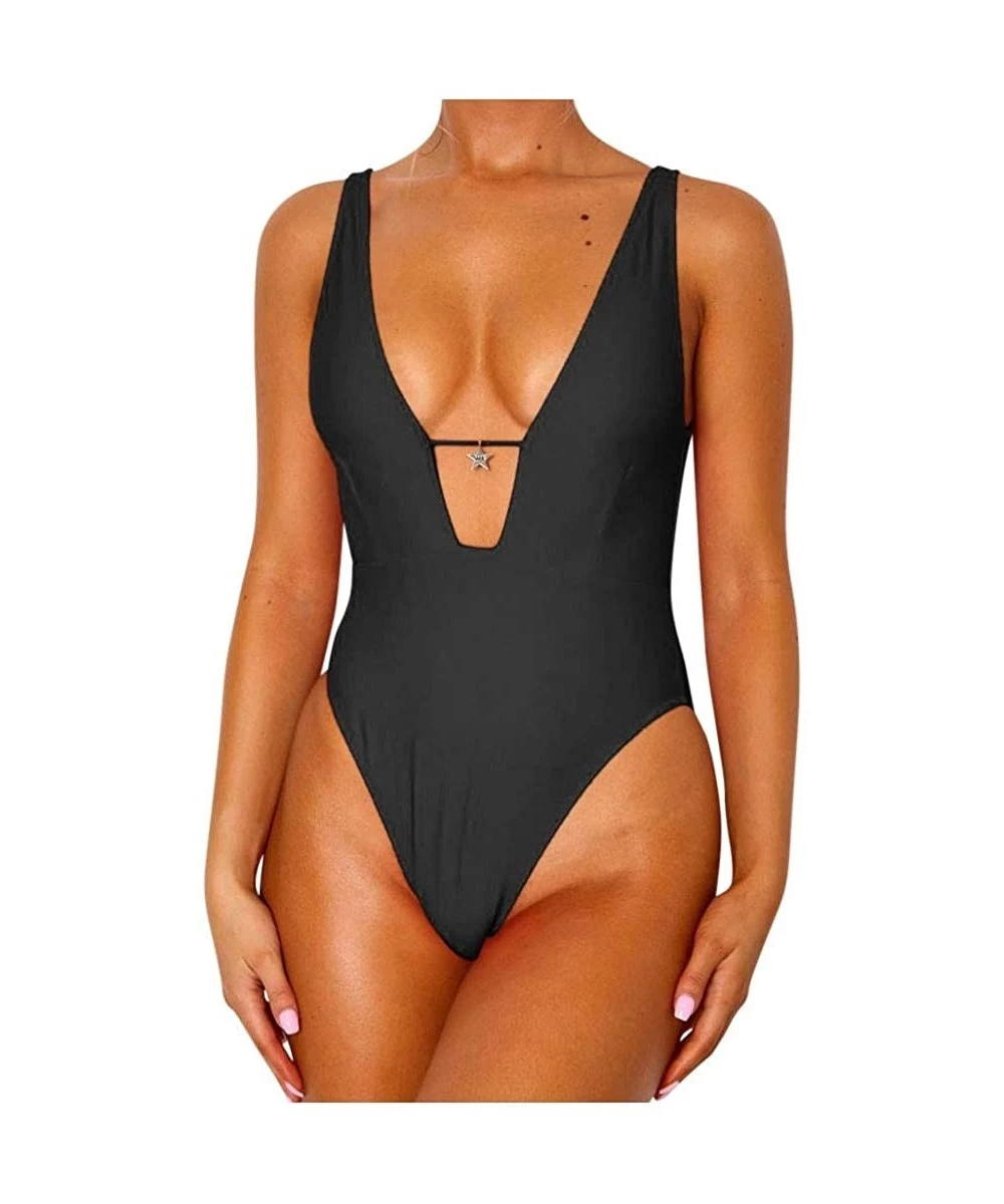 One-Pieces Summer Charming Ladies Solid Color Deep V Sleeveless One-Piece Swimsuit Bikini Beachwear - Black - CZ193NIDDS6