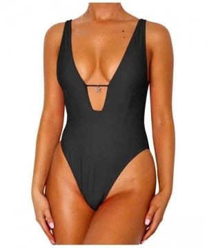 One-Pieces Summer Charming Ladies Solid Color Deep V Sleeveless One-Piece Swimsuit Bikini Beachwear - Black - CZ193NIDDS6