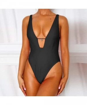 One-Pieces Summer Charming Ladies Solid Color Deep V Sleeveless One-Piece Swimsuit Bikini Beachwear - Black - CZ193NIDDS6