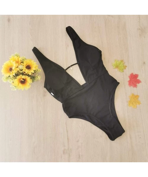 One-Pieces Summer Charming Ladies Solid Color Deep V Sleeveless One-Piece Swimsuit Bikini Beachwear - Black - CZ193NIDDS6