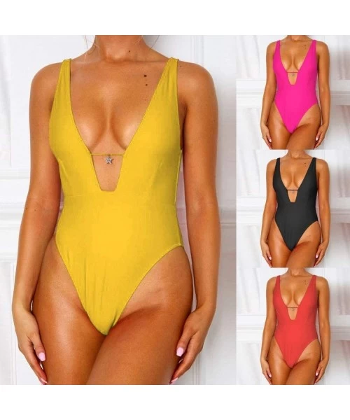 One-Pieces Summer Charming Ladies Solid Color Deep V Sleeveless One-Piece Swimsuit Bikini Beachwear - Black - CZ193NIDDS6