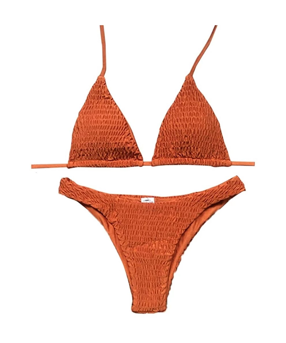 Sets Sexy Pleated Bikini Solid Swimwear Women Push Up Off Shoulder Biquini - Orange - CH1962O9ATO