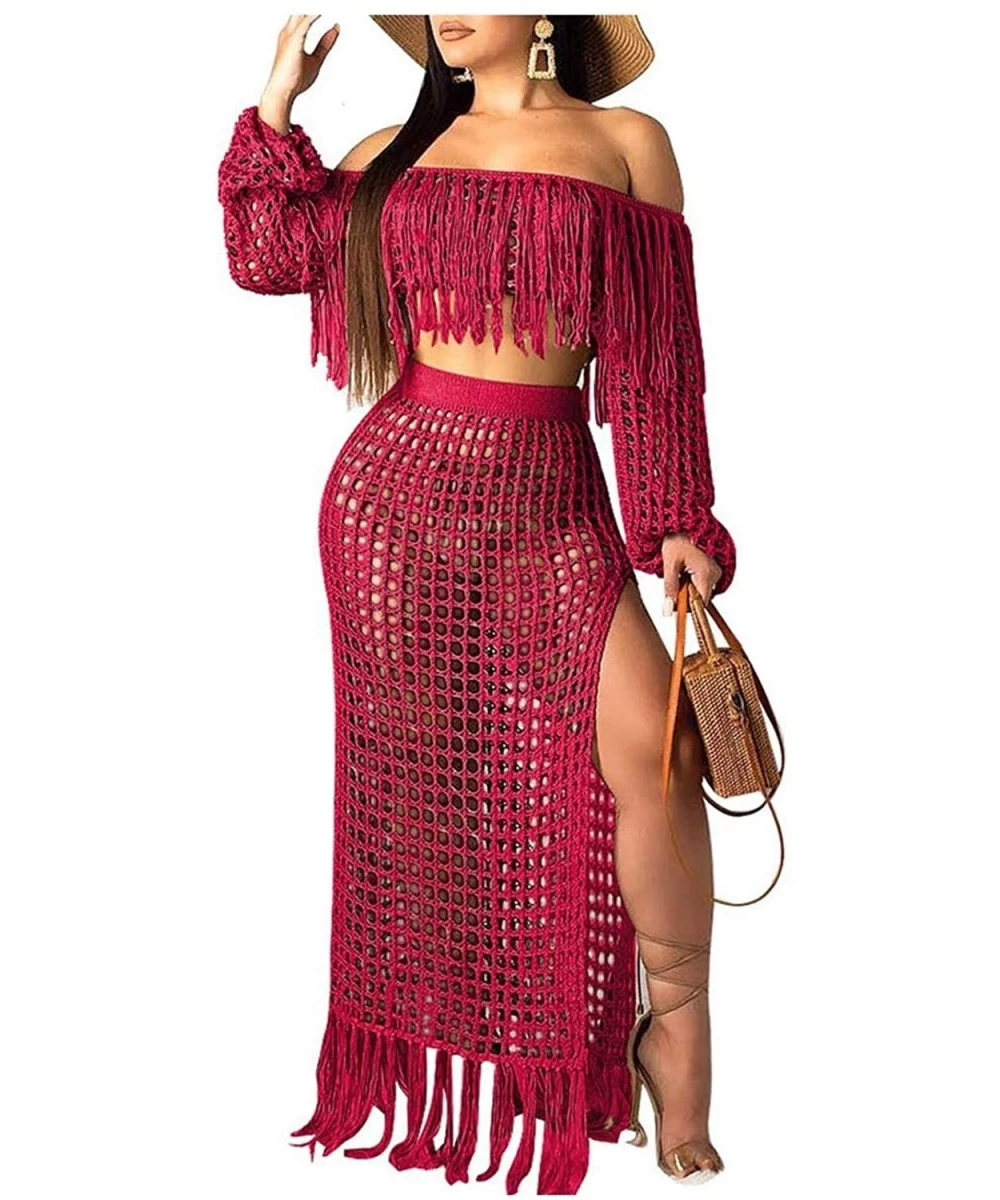 Cover-Ups Womens Sexy Rainbow Stripe Mesh Sheer Short Sleeves Side High Split Fishnet Dress Bikini Cover Up - Winered - CP18W...