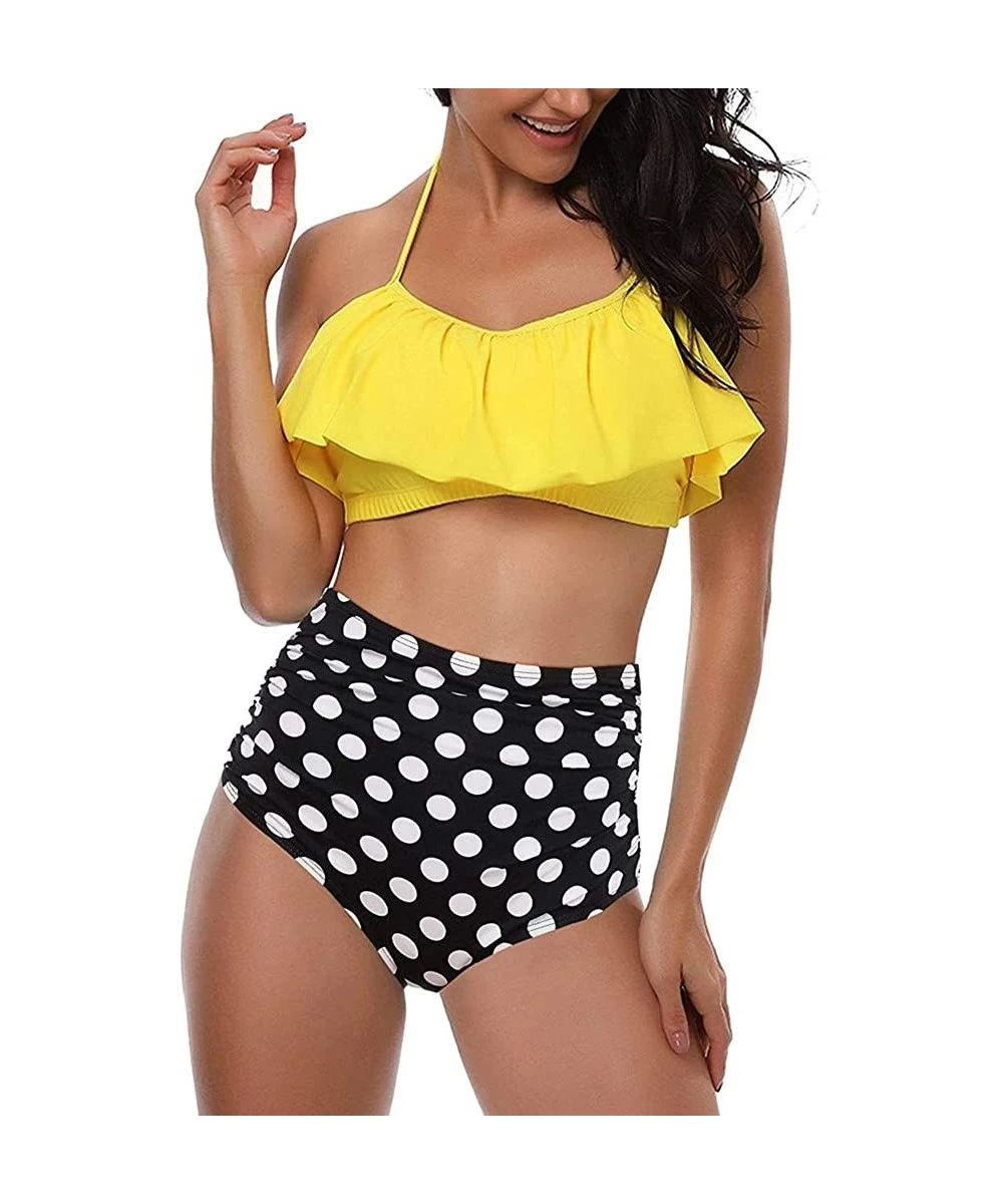 Cover-Ups Swimsuit for Women Two Pieces Top Ruffled Backless Racerback with High Waisted Bottom Tankini Set - Yellow - CV194W...