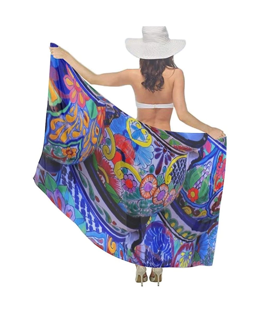 Cover-Ups Women Chiffon Scarf Sunscreen Shawl Wrap Swimsuit Cover Up Beach Sarongs Novel Beautiful Bowl Colorful Pottery Prin...