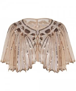 Cover-Ups 1920s Shawl Sequin Beaded Cape Bolero Flapper Cover Up w/ 20s Accessories Set - Beige - CZ18NY0LHKM