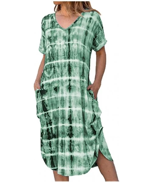 Cover-Ups Women's Tie Dye Sleeveless Tank Dress Slim Fit Short Sleeve V Neck Pocket Midi Dress Casual Loose Long Dress Green ...