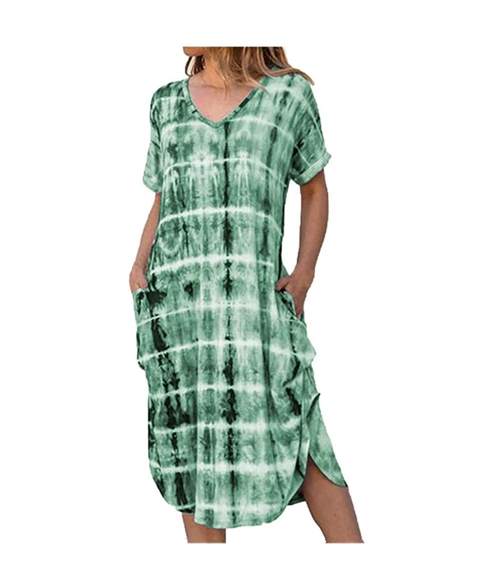 Cover-Ups Women's Tie Dye Sleeveless Tank Dress Slim Fit Short Sleeve V Neck Pocket Midi Dress Casual Loose Long Dress Green ...