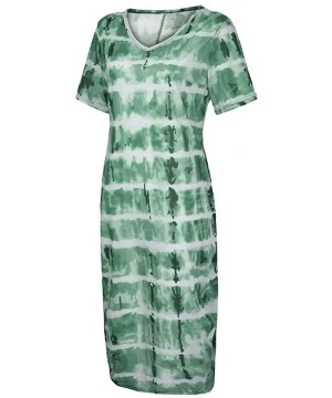 Cover-Ups Women's Tie Dye Sleeveless Tank Dress Slim Fit Short Sleeve V Neck Pocket Midi Dress Casual Loose Long Dress Green ...