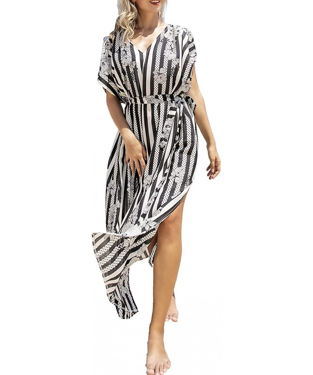 Cover-Ups Women's Print Turkish Kaftan Beachwear Bikini Cover Up Maxi Dress - Black White Striped - CB1992Y0X4Y