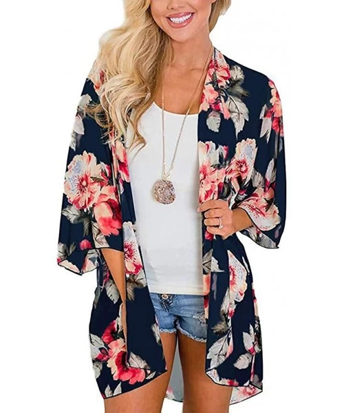 Cover-Ups Women Kimono Cardigan Floral Printed Casual Loose Beachwear Cover ups Tops - Pink Flower Navy - C41945DL905