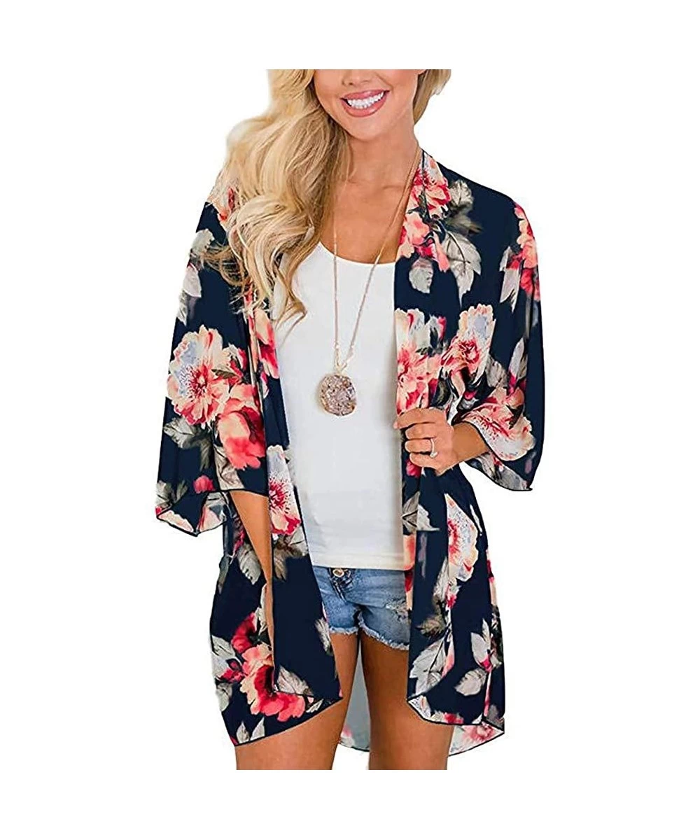 Cover-Ups Women Kimono Cardigan Floral Printed Casual Loose Beachwear Cover ups Tops - Pink Flower Navy - C41945DL905