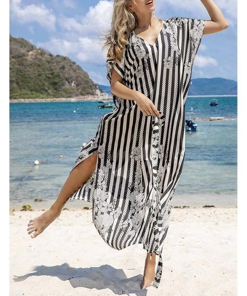 Cover-Ups Women's Print Turkish Kaftan Beachwear Bikini Cover Up Maxi Dress - Black White Striped - CB1992Y0X4Y