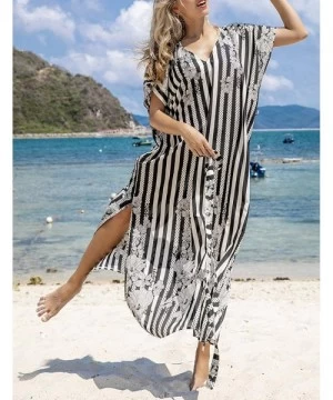 Cover-Ups Women's Print Turkish Kaftan Beachwear Bikini Cover Up Maxi Dress - Black White Striped - CB1992Y0X4Y