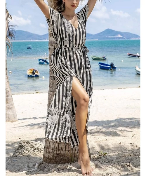 Cover-Ups Women's Print Turkish Kaftan Beachwear Bikini Cover Up Maxi Dress - Black White Striped - CB1992Y0X4Y