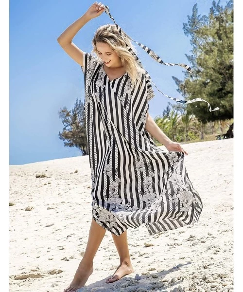 Cover-Ups Women's Print Turkish Kaftan Beachwear Bikini Cover Up Maxi Dress - Black White Striped - CB1992Y0X4Y