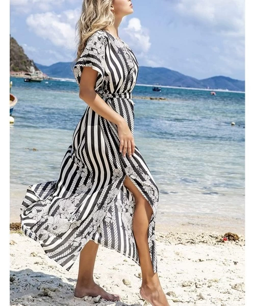 Cover-Ups Women's Print Turkish Kaftan Beachwear Bikini Cover Up Maxi Dress - Black White Striped - CB1992Y0X4Y