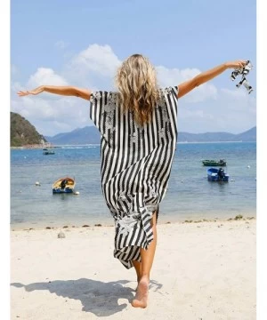 Cover-Ups Women's Print Turkish Kaftan Beachwear Bikini Cover Up Maxi Dress - Black White Striped - CB1992Y0X4Y