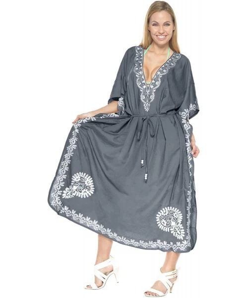 Cover-Ups Women's Maxi Evening Caftan Elegant Dress Beach Cover Up Embroidered - Grey_r126 - CN12O88AT6J