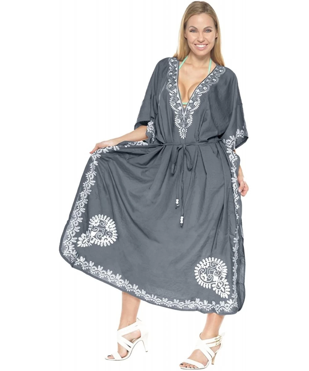 Cover-Ups Women's Maxi Evening Caftan Elegant Dress Beach Cover Up Embroidered - Grey_r126 - CN12O88AT6J