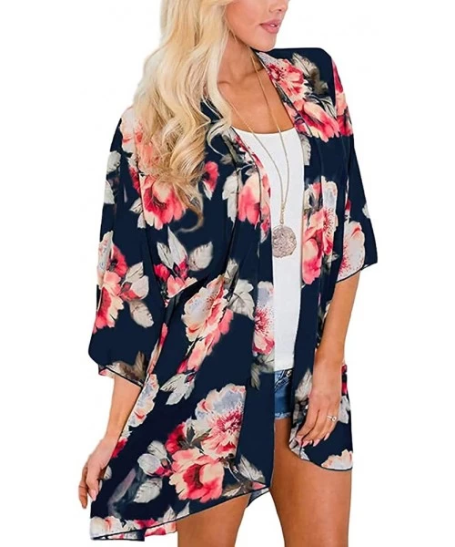 Cover-Ups Women Kimono Cardigan Floral Printed Casual Loose Beachwear Cover ups Tops - Pink Flower Navy - C41945DL905