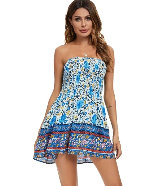 Cover-Ups Women's Summer Cover Up Strapless Dresses Solid Tube Top Beach Mini Dress - Light Blue - CV19E4IY2CT