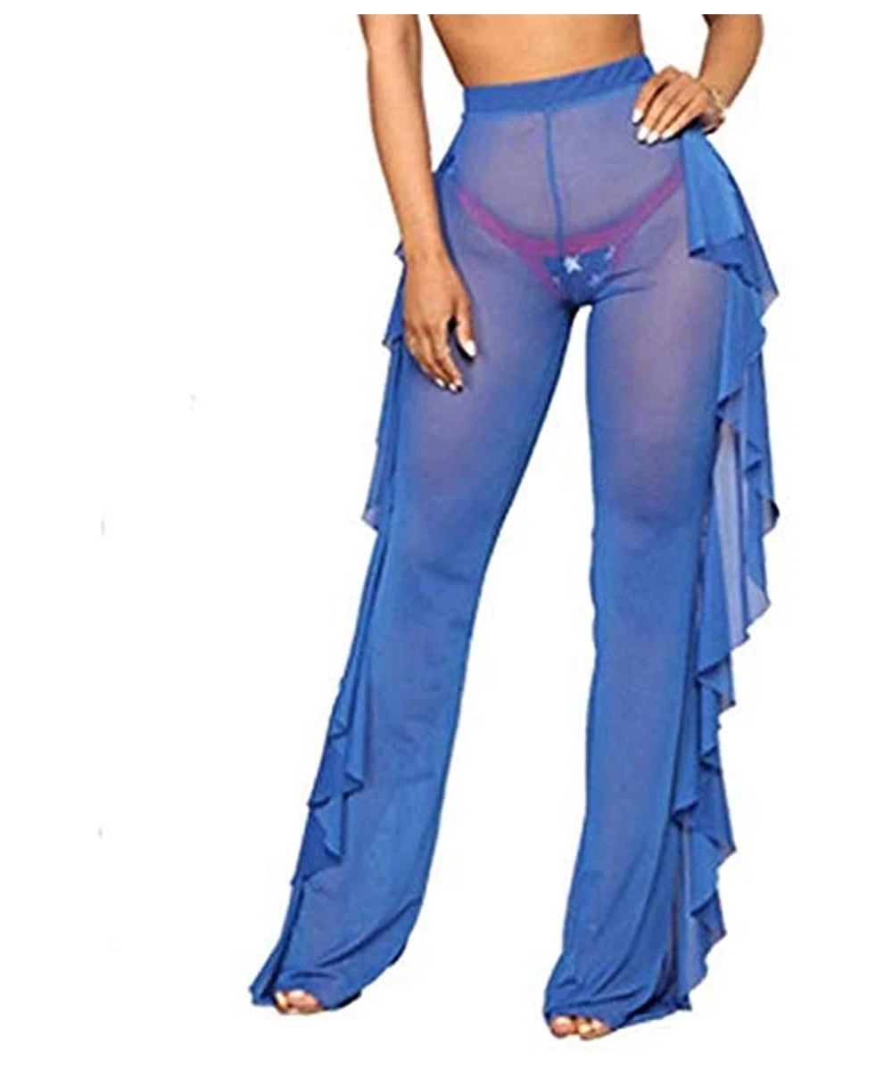 Cover-Ups Sexy High Waisted Sheer See-Through Fishtail Trouser Palazzo Cover-up Pant - Blue - CS18HGHQWHS