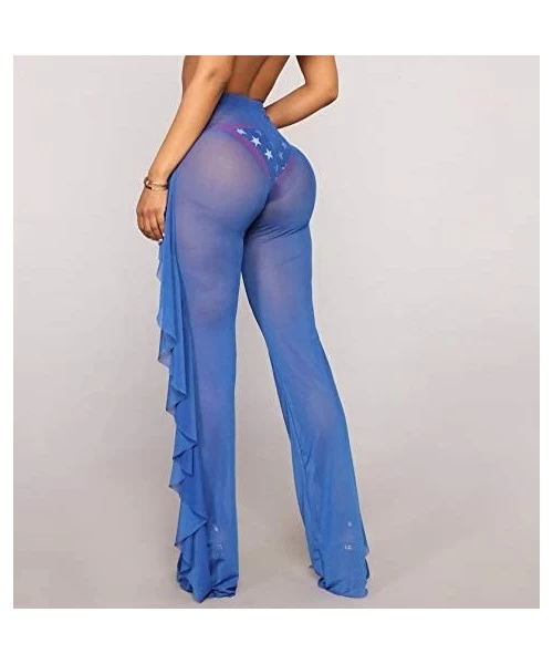 Cover-Ups Sexy High Waisted Sheer See-Through Fishtail Trouser Palazzo Cover-up Pant - Blue - CS18HGHQWHS