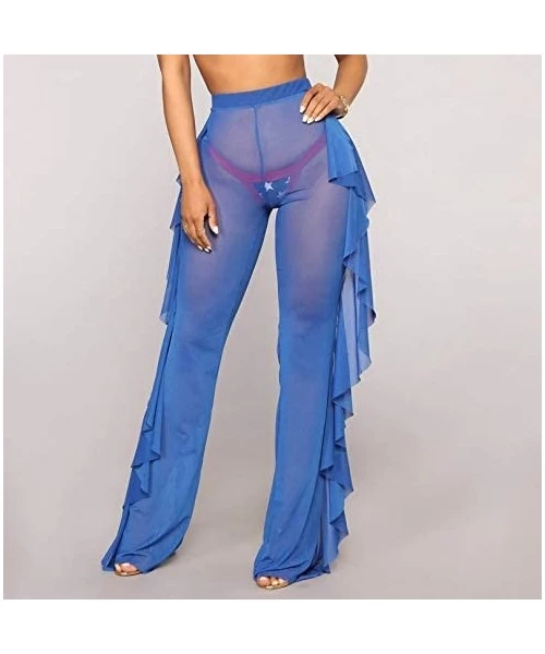 Cover-Ups Sexy High Waisted Sheer See-Through Fishtail Trouser Palazzo Cover-up Pant - Blue - CS18HGHQWHS