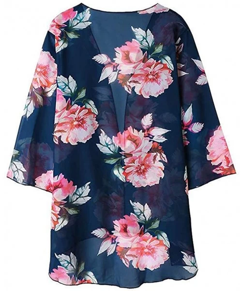 Cover-Ups Women Kimono Cardigan Floral Printed Casual Loose Beachwear Cover ups Tops - Pink Flower Navy - C41945DL905