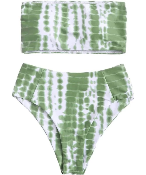 Sets Women's Bathing Suits Striped Bandeau Bikini high Waisted Swimsuits Swimwear Set - Green-2 - CI190LHRH2S