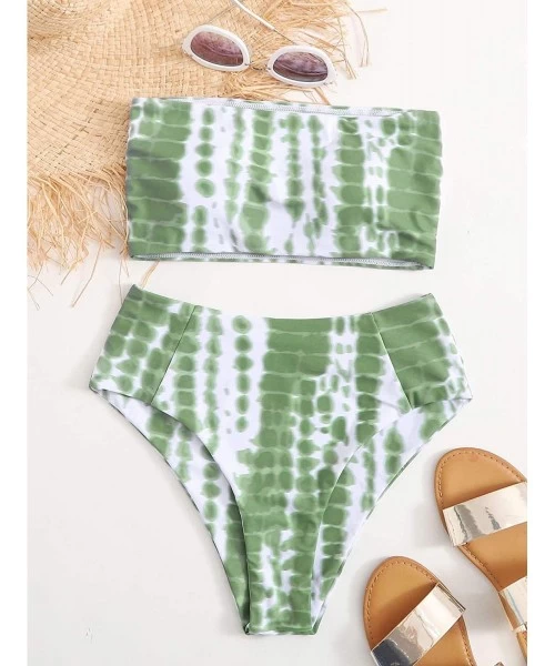 Sets Women's Bathing Suits Striped Bandeau Bikini high Waisted Swimsuits Swimwear Set - Green-2 - CI190LHRH2S