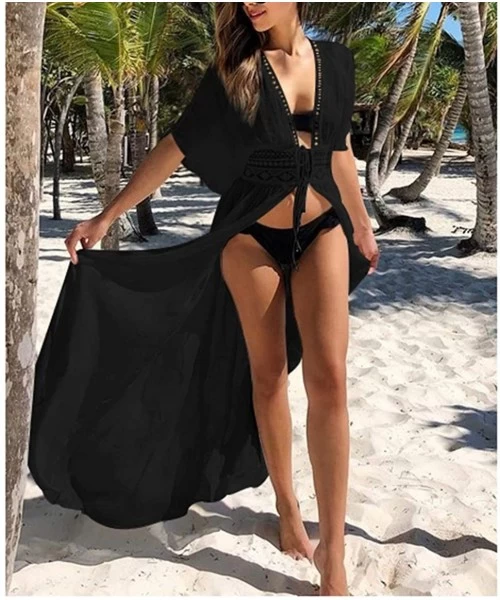 Cover-Ups Womens Bikini Cover Ups Beach Coverup Swimsuits Sunscreen Long Top - Waist Lace Black - CL12NTPQRCO