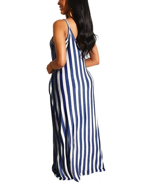 Cover-Ups Women's Sexy Maxi Long Dresses Casual Spaghetti Strap Striped Floor Length Plus Size Long Sundress Pockets Blue1 - ...