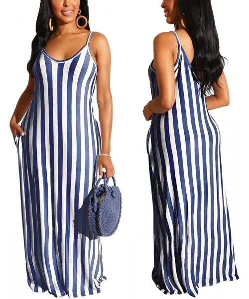 Cover-Ups Women's Sexy Maxi Long Dresses Casual Spaghetti Strap Striped Floor Length Plus Size Long Sundress Pockets Blue1 - ...