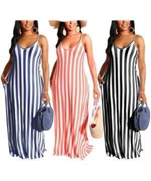 Cover-Ups Women's Sexy Maxi Long Dresses Casual Spaghetti Strap Striped Floor Length Plus Size Long Sundress Pockets Blue1 - ...