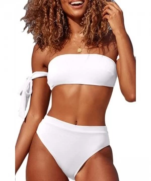 Sets Womens Bandeau Tie Back High Waisted Thong Bikini Set 2 Pieces Swimsuit - White - CX194HTSMDQ