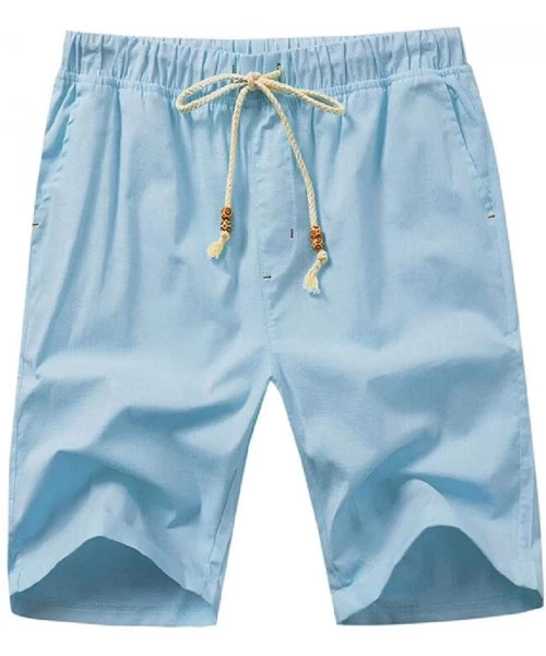 Board Shorts Men's Drawstring Solid Elastic Waist Summer Beach Swim Trunk Cotton Linen Casual Shorts - Light Blue - C1198AQD55A