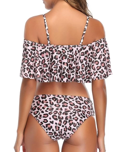 Sets Women Off-Shoulder Two Piece Bikini Set Ruffled Floral Print Swimsuit - Leopard-2 - C21935HWLG8