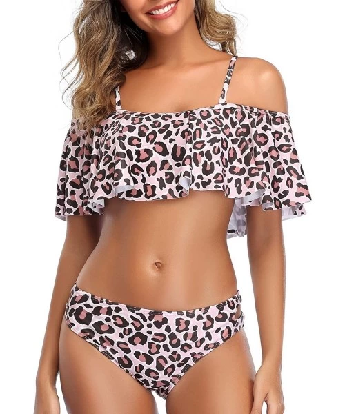 Sets Women Off-Shoulder Two Piece Bikini Set Ruffled Floral Print Swimsuit - Leopard-2 - C21935HWLG8