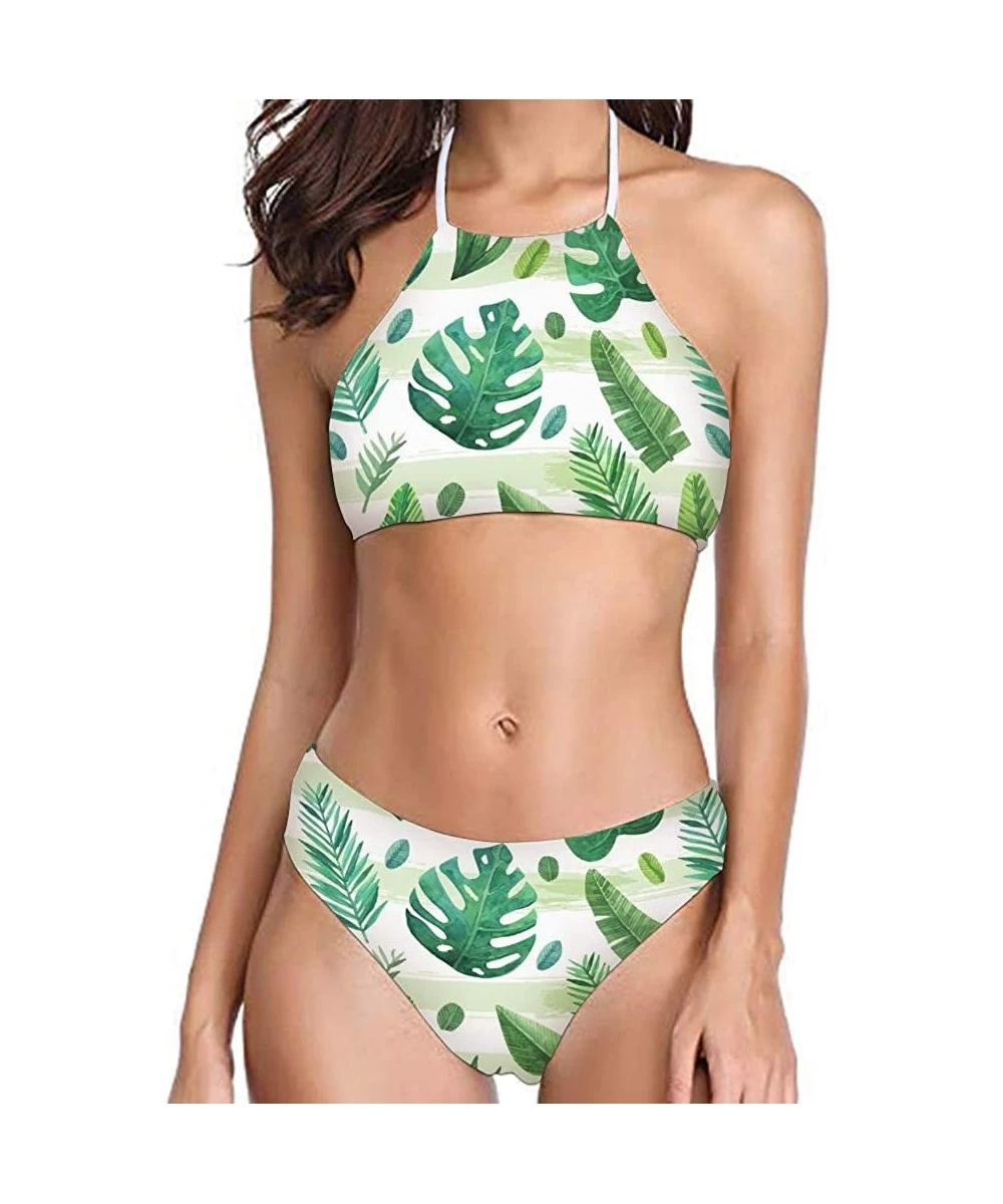 Sets Women's All Over Printing Bikini High Neck Halter 2 Piece Swimsuit - Tropical Leaves - 1476 - CP18QMD9WZ9