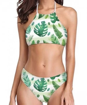 Sets Women's All Over Printing Bikini High Neck Halter 2 Piece Swimsuit - Tropical Leaves - 1476 - CP18QMD9WZ9